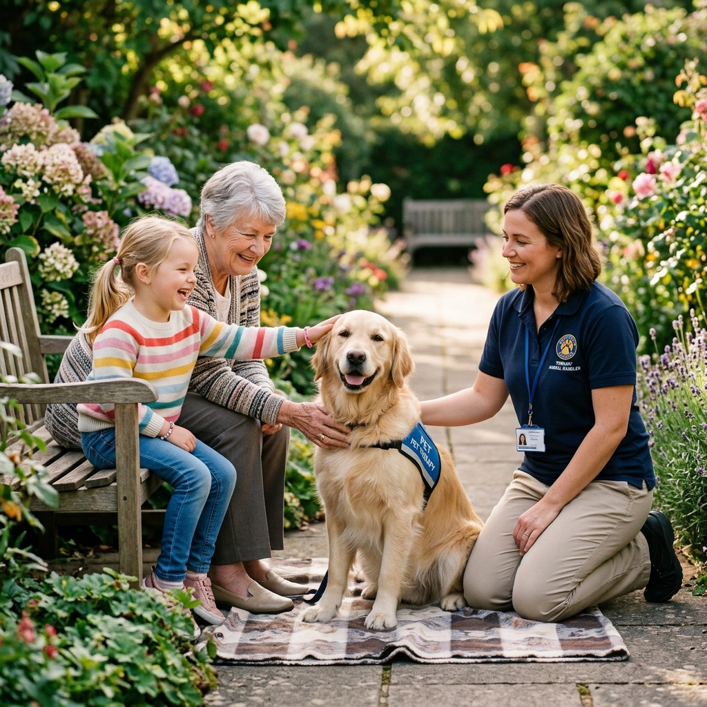 Pet therapy session in a sunny garden with a golden retriever, a child, an elderly person and a therapist